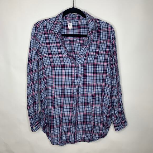 Gap Blue Pink Popover Flannel Shirt Top Sz Medium - Picture 1 of 6